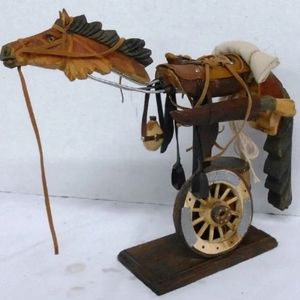 Vintage Wood Carved Horse Wagon Wheel Home Decor Art/ Unique Home Decor